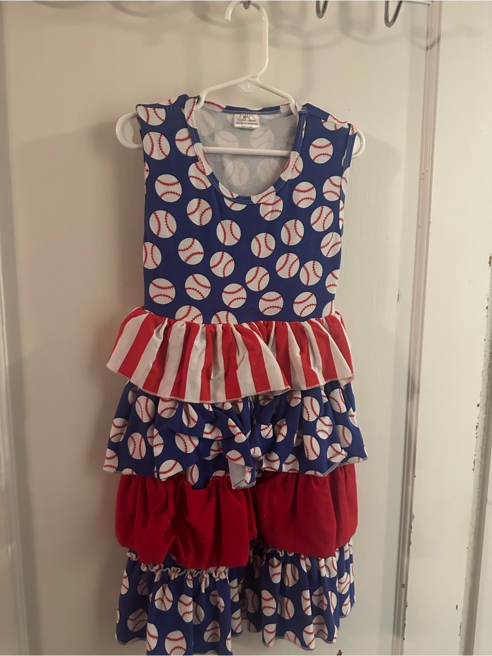 Girls Sleeveless Baseball Tiered Ruffle Dress - Blue & Red